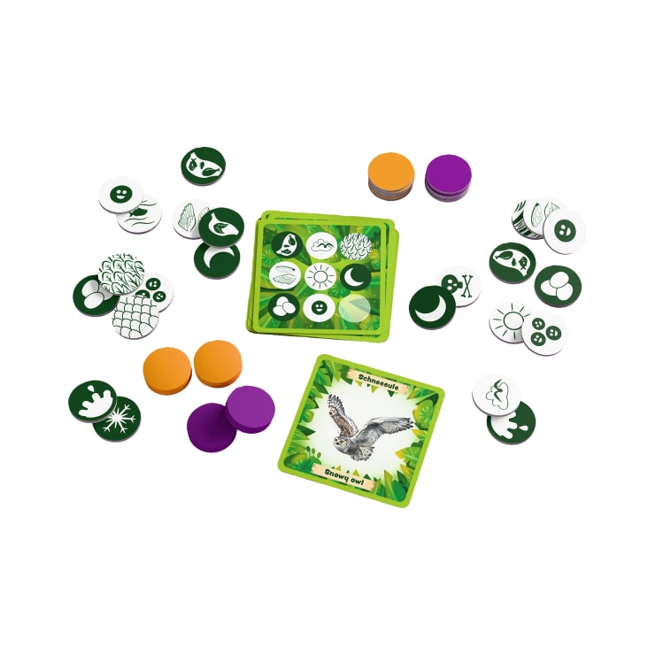 Ein Tischspiel mit quadratischen und runden Karten mit Natursymbolen, umgeben von orangefarbenen und violetten Chips, wird vor einem weißen Hintergrund präsentiert. Eine Karte zeigt eine illustrierte Eule.