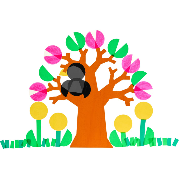 Eine collageartige Illustration eines braunen Baumes mit rosa Blüten, grünen Blättern und einem schwarzen Vogel auf einem Ast. Gelbe runde Blumen und grünes Gras befinden sich am Fuße des Baumes.
