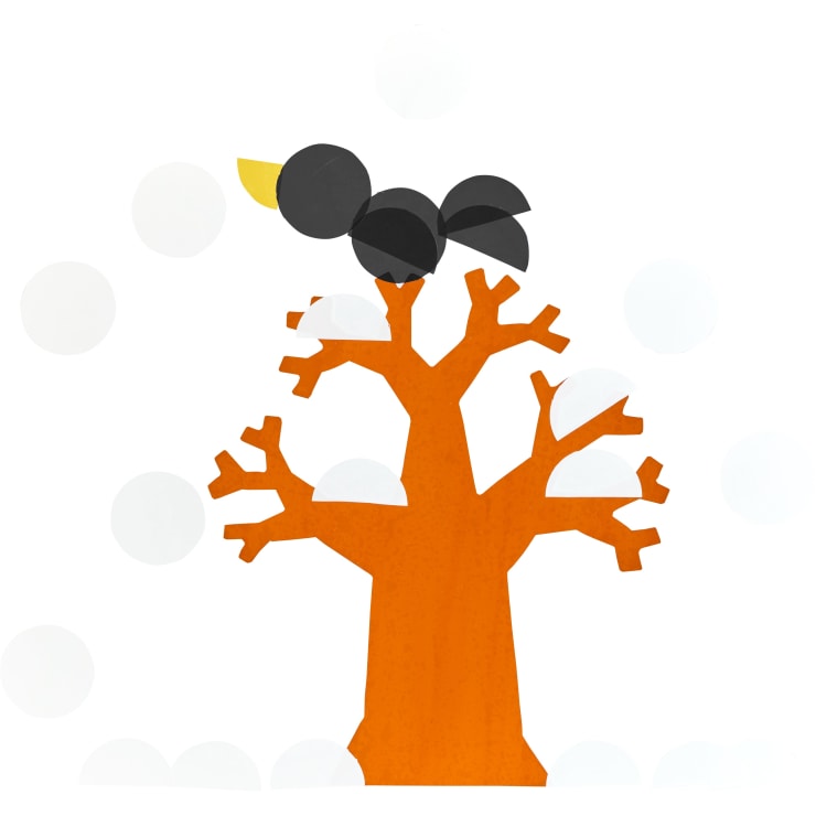 Eine stilisierte Illustration eines orangefarbenen Baums mit kahlen Ästen, auf dem ein schwarzer Vogel mit gelbem Schnabel sitzt. Weiße kreisförmige Formen, die an Schnee erinnern, umgeben den Baum und den Vogel.