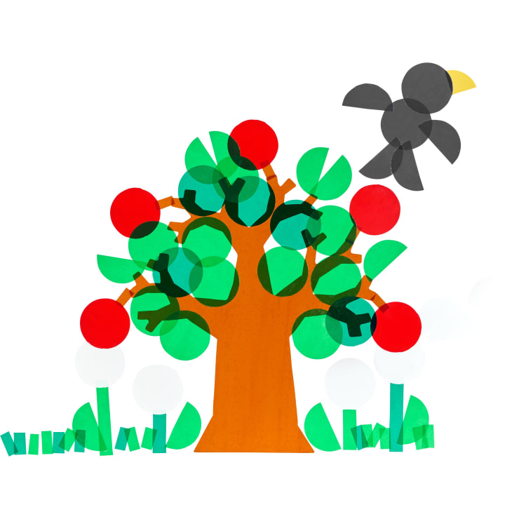 Eine einfache Illustration eines Apfelbaums mit einem braunen Stamm, grünen Blättern und roten Äpfeln. Ein schwarzer Vogel mit gelbem Schnabel fliegt über dem Baum, und an der Basis wächst grünes Gras.