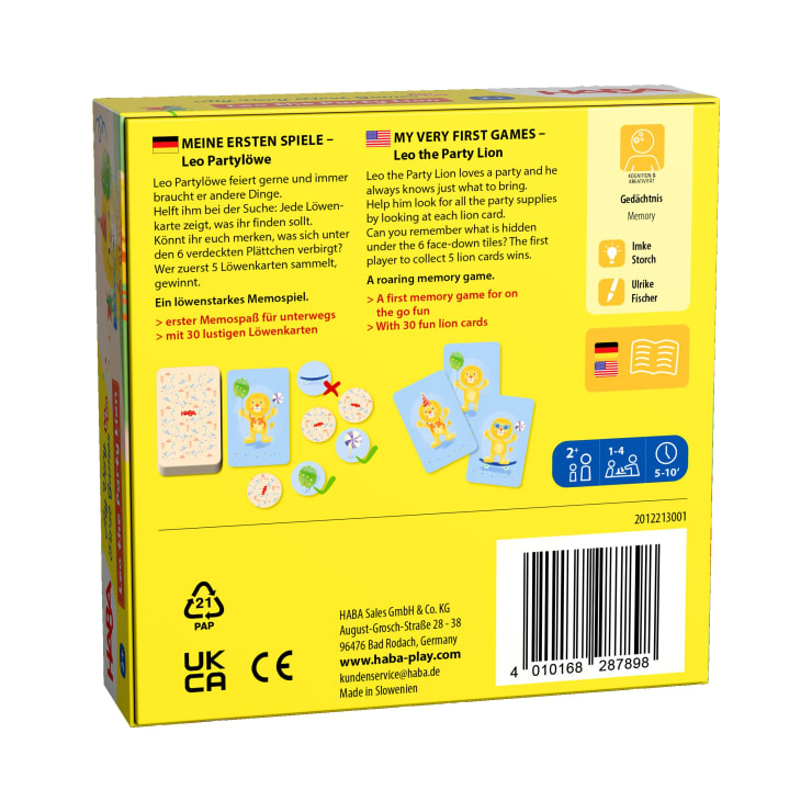 Rückseite einer gelben Spielschachtel für Meine allerersten Spiele - Leo der Partylöwe mit Text in Deutsch und Englisch, Abbildungen der Spielkomponenten, Symbolen für die Spielerangaben und Firmeninformationen am unteren Rand.