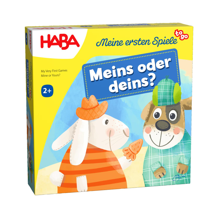 Eine gelbe Schachtel für das HABA-Spiel Meins oder deins? zeigt illustrierte Hunde- und Hasenfiguren mit Hüten und Hemden. Auf der Schachtel steht "Meine ersten Spiele to go" und "2+", was bedeutet, dass es für Kinder ab 2 Jahren geeignet ist.