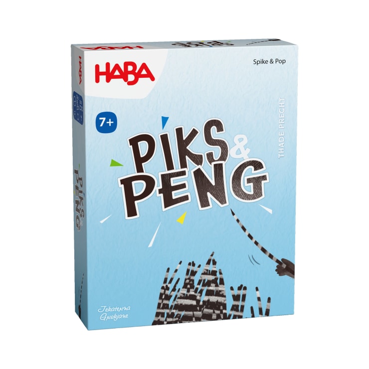 Die Abbildung zeigt eine blaue Schachtel für das Spiel Piks & Peng von HABA, geeignet für Kinder ab 7 Jahren. Auf der Schachtel ist eine Hand abgebildet, die einen Stock über einem Stapel aufrechter Holzteile hält.