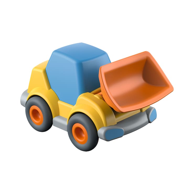 Ein farbenfroher Spielzeug-Bulldozer mit blauem Fahrerhaus, gelber Karosserie, orangefarbener Schaufel und schwarzen Rädern, dargestellt auf weißem Hintergrund.
