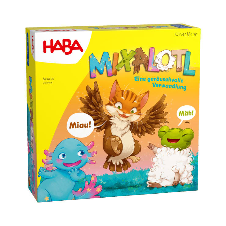 Eine gelbe Schachtel für das Spiel Mixalotl von HABA mit Abbildungen eines Axolotl, einer Katze mit Flügeln und eines Schafs mit Froschkopf. Sprechblasen sagen Miau! und Mäh! Der Text ist auf Deutsch.