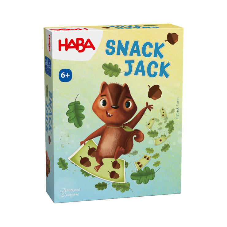 Eine Schachtel mit dem Spiel Snack Jack von HABA, das ein Cartoon-Eichhörnchen mit Nüssen und Blättern auf gelbem und blauem Hintergrund zeigt. Auf der Schachtel steht, dass das Spiel für Kinder ab 6 Jahren geeignet ist.