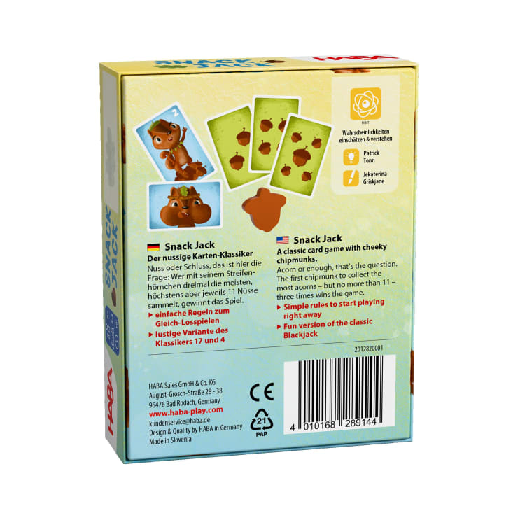 Die Rückseite einer Brettspielschachtel für Snack Jack zeigt Cartoon-Streifenhörnchen und Spielkarten mit Eichelbildern. Der Text beschreibt das Spiel auf Englisch und Deutsch, und am unteren Rand erscheinen Logos und Produktinformationen.