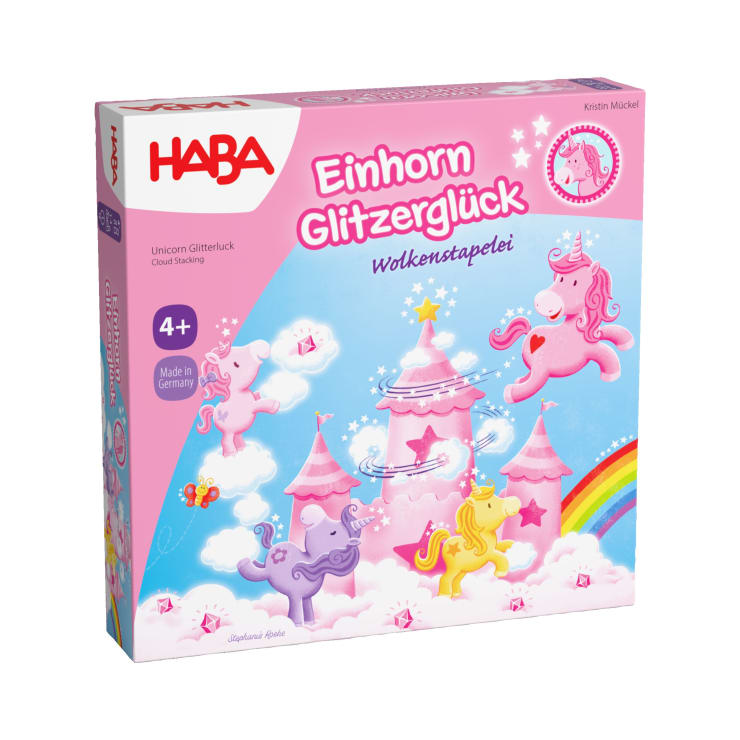 Eine rosa Schachtel des HABA-Brettspiels "Einhorn Glitzerglück: Wolkenstapelei", mit Cartoon-Einhörnern, Wolken, einem Regenbogen und einem Schloss. Das Spiel ist für Kinder ab 4 Jahren geeignet und wird in Deutschland hergestellt.