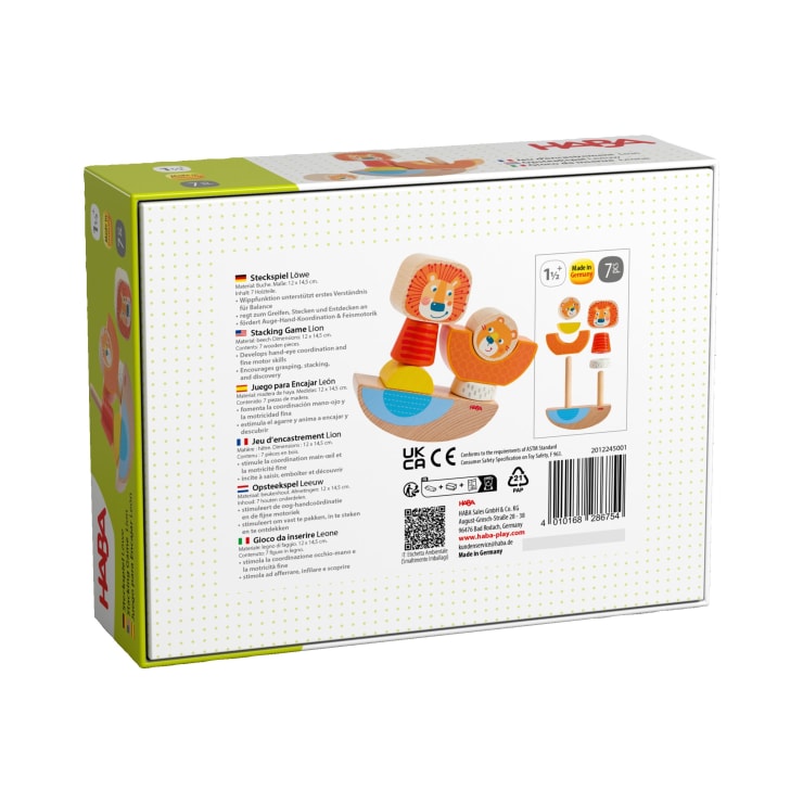 Rückseite einer HABA-Stapelspielschachtel mit Produktabbildungen, Beschreibungen in sechs Sprachen, Altersempfehlung (1,5+), Sicherheitszertifikaten und Markenzeichen. Die Illustrationen zeigen hölzerne Stapelteile mit Löwenmotiven.