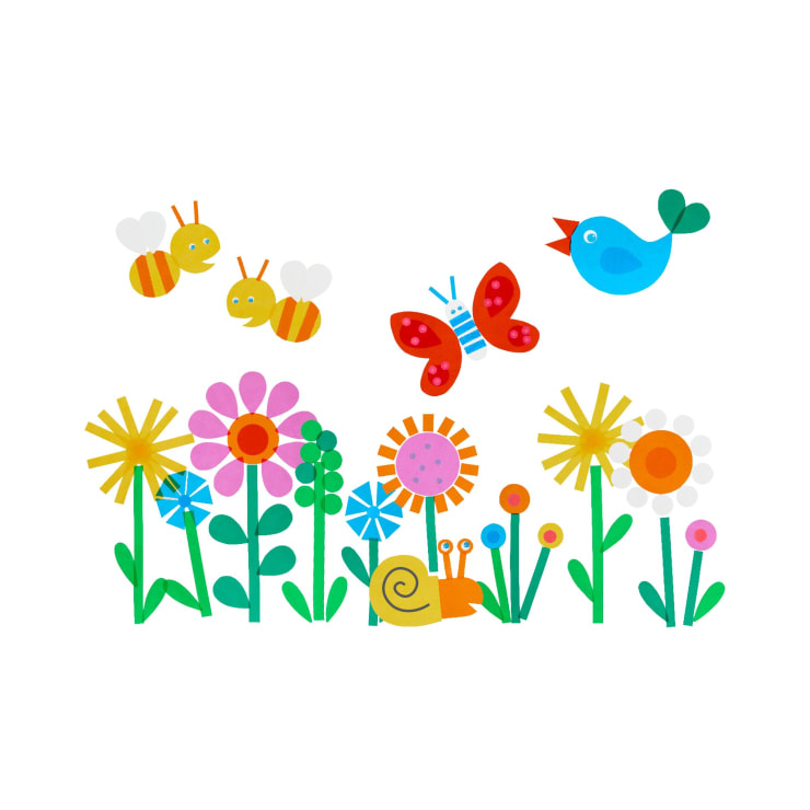 Illustration von bunten Blumen, zwei Bienen, einem Schmetterling, einem blauen Vogel und einer gelben Schnecke auf einem weißen Hintergrund. Das Bild hat einen spielerischen, Cartoon-Stil.