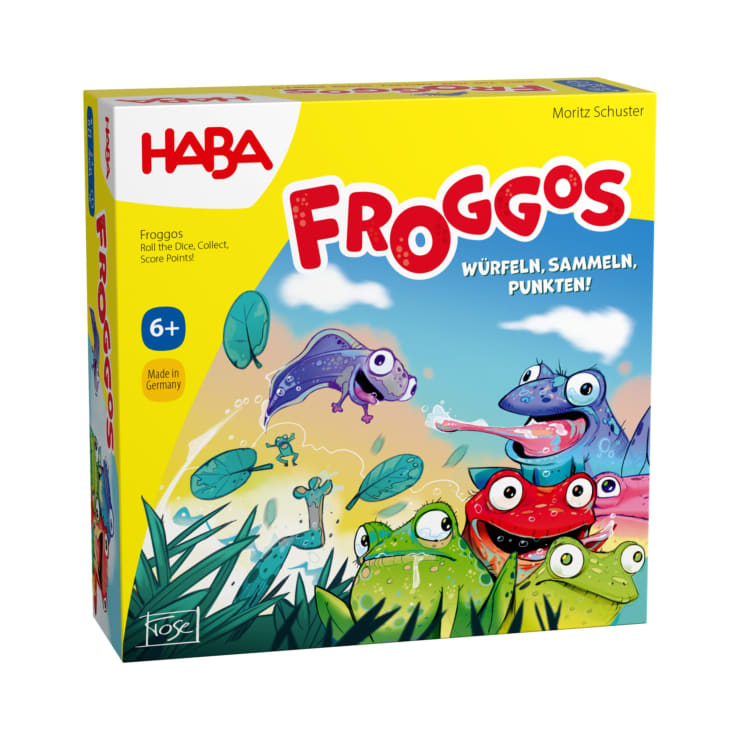Die Abbildung zeigt die farbenfrohe Schachtel des Brettspiels Froggos von HABA, auf der Cartoon-Frösche und eine Libelle abgebildet sind. Die Schachtel enthält eine Altersempfehlung ab 6 Jahren und einen deutschen Text, in leuchtenden gelben und blauen Farben.