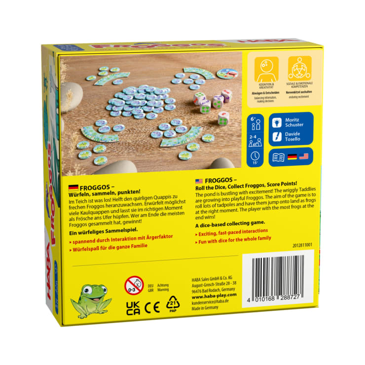Die Rückseite der farbenfrohen Spielschachtel zeigt illustrierte Frosch- und Seerosenplättchen, Würfel und eine Spielanleitung in deutscher und englischer Sprache. Symbole zeigen an, dass das Spiel für Kinder ab 5 Jahren, 2-4 Spieler und die ganze Familie geeignet ist.