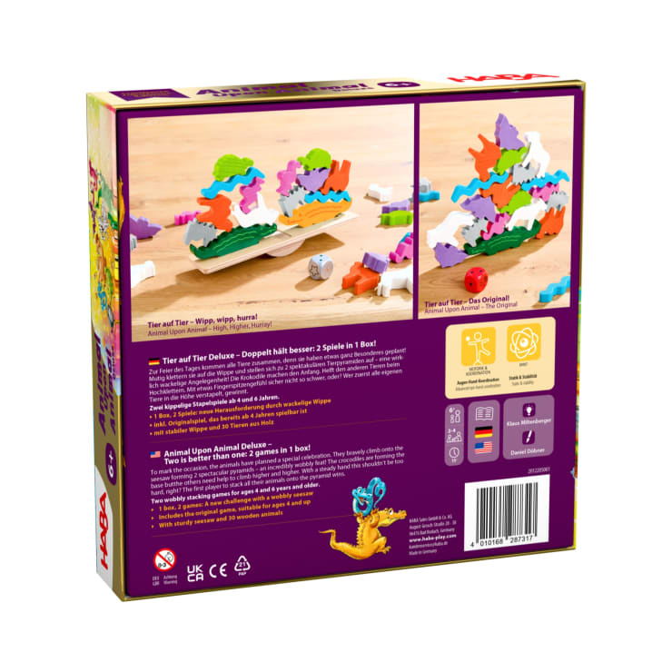 Rückseite einer HABA-Spielschachtel Animal Upon Animal Deluxe mit zwei Fotos von bunten, gestapelten Holztierfiguren, Spielinformationen, Spielanleitung, Alters- und Spielersymbolen und einem Strichcode unten rechts.