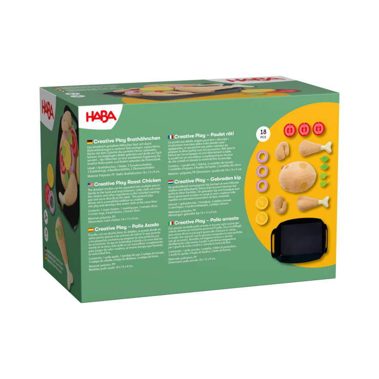Rückseite einer HABA-Spielzeugkiste mit einem Brathähnchen-Set mit verschiedenen Spielzeug-Lebensmitteln und einer schwarzen Pfanne sowie Produktbeschreibungen in mehreren Sprachen auf grünem Hintergrund.