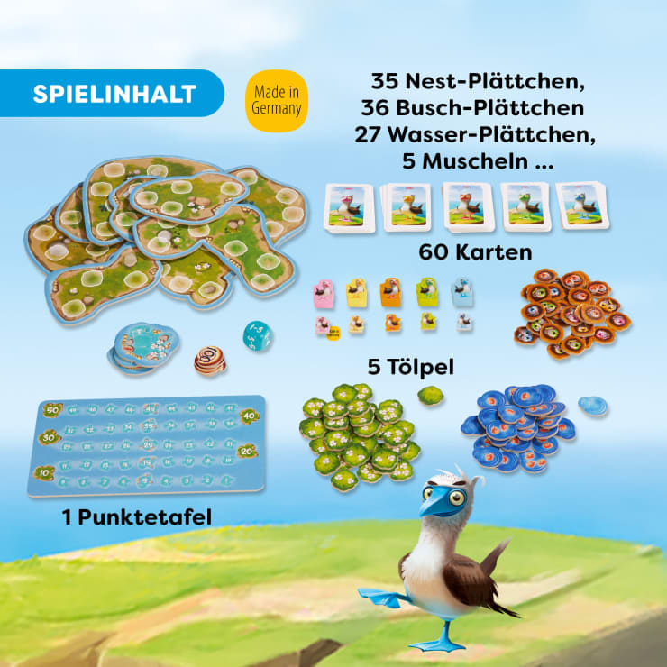 Ein Display mit Spielkomponenten, darunter Nest-, Busch- und Wasserplättchen, Karten, Tier- und Spielsteine, eine Punktetafel und eine blaufüßige Vogelfigur. Der deutsche Text listet die Mengen der einzelnen Teile auf.