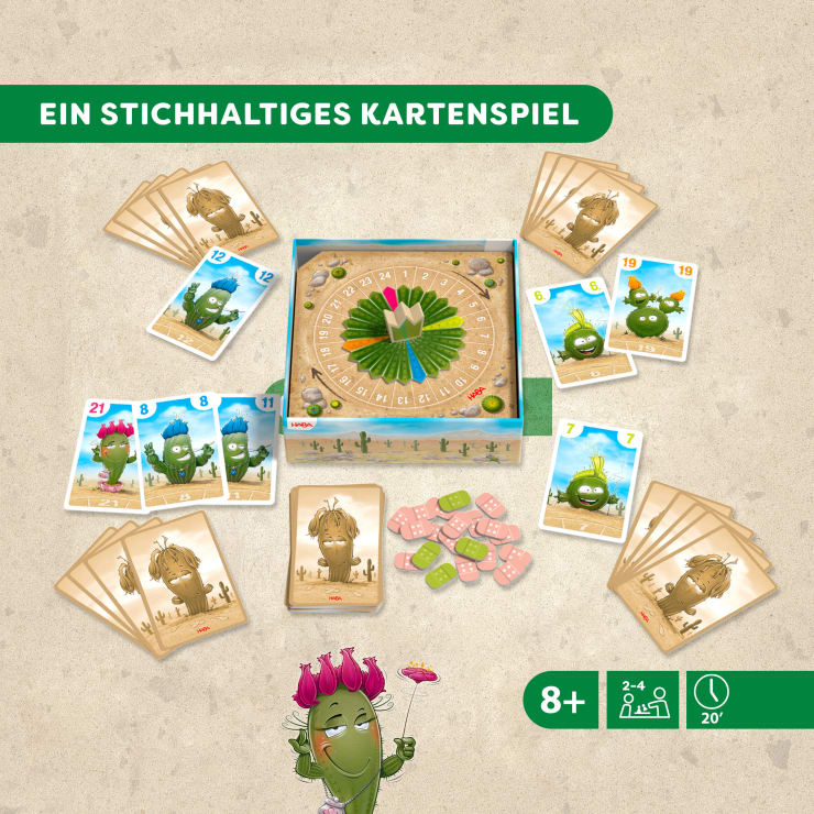 Ein Brettspiel mit einem runden Spielbrett, Karten mit Cartoon-Kakteen mit verschiedenen Zahlen, kleinen Spielsteinen und vier Kartensätzen. Das Spiel ist für 2-4 Spieler ab 8 Jahren geeignet und dauert 20 Minuten.