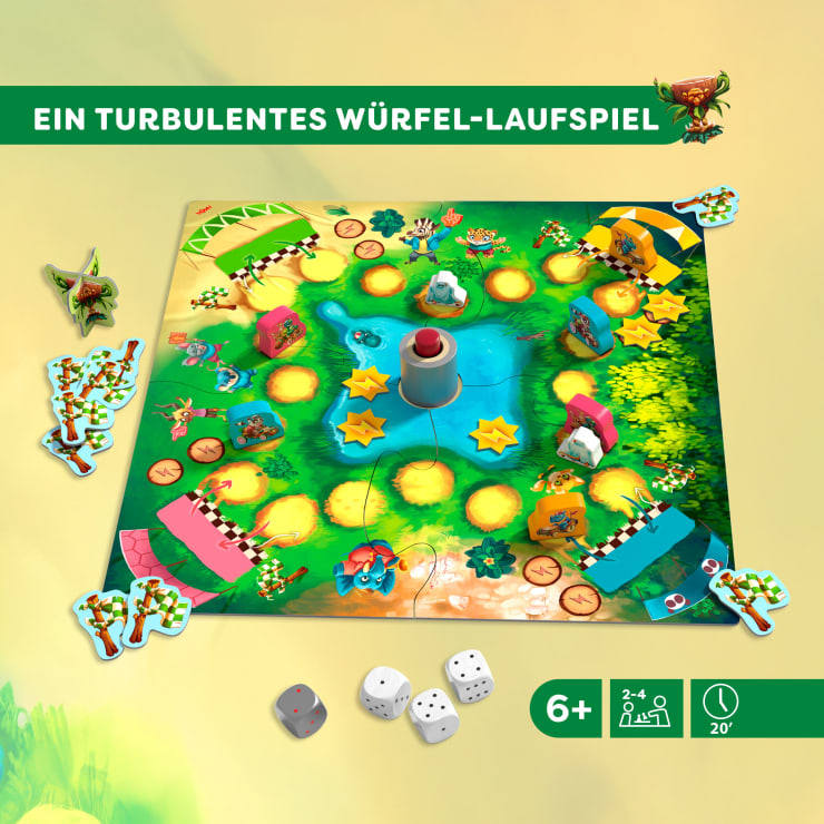 Ein farbenfrohes Brettspiel mit Bäumen, Sternen und Spielfiguren auf einem grünen Spielbrett, Würfeln und einer roten Spitze in der Mitte; der Text "Ein turbulentes Würfel-Laufspiel" erscheint oben.