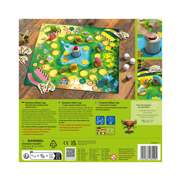 Ein farbenfrohes Brettspiel auf einem grünen, tropischen Spielbrett mit gelben Feldern, Spielsteinen, Würfeln und Tierfiguren. Drei kleinere Bilder auf der rechten Seite zeigen Nahaufnahmen des Spielablaufs und eine Hand, die einen Bambusbecher benutzt. Text und Anleitung befinden sich unten.