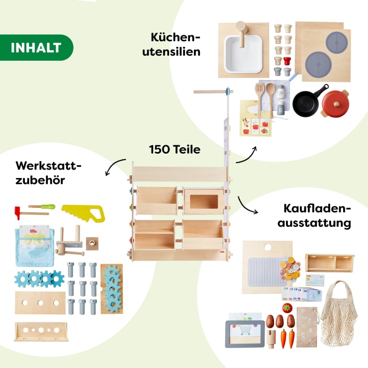 Übersichtsbild, das den Inhalt eines Spielsets zeigt: Küchenutensilien, Ladenzubehör und Werkstattwerkzeuge. Eine zentrale Holzstruktur und einzelne Gegenstände sind dargestellt, die in deutscher Sprache mit Pfeilen zur Kennzeichnung der einzelnen Kategorien beschriftet sind.