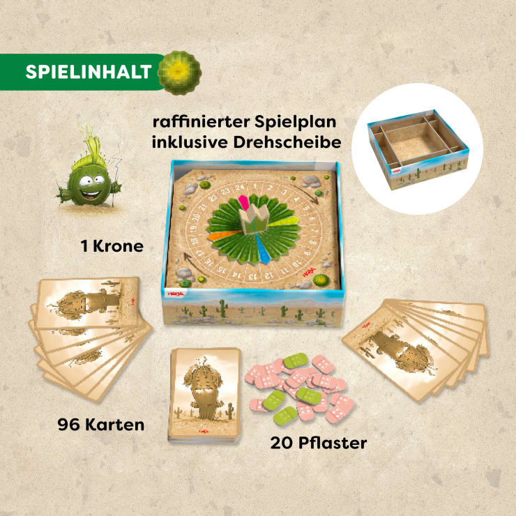 Inhalt eines Brettspiels, bestehend aus einem dekorierten Spielbrett mit einer Drehscheibe, einer Krone, 96 illustrierten Karten, 20 rosafarbenen Verbandsplättchen und einer Kaktusfigur, dargestellt auf einem beigen Hintergrund.