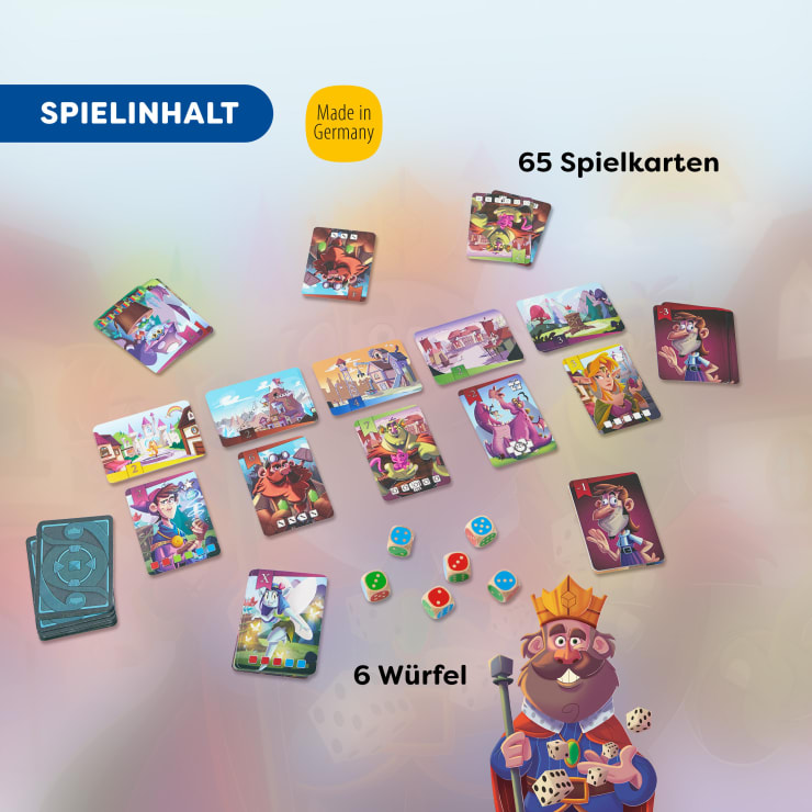 Ein Satz von 65 illustrierten Spielkarten, 6 bunten Würfeln und einem blauen Kartenspiel auf hellem Hintergrund. Der Text bezeichnet die Komponenten auf Deutsch, und eine animierte Königsfigur hält zwei Würfel in der unteren rechten Ecke.