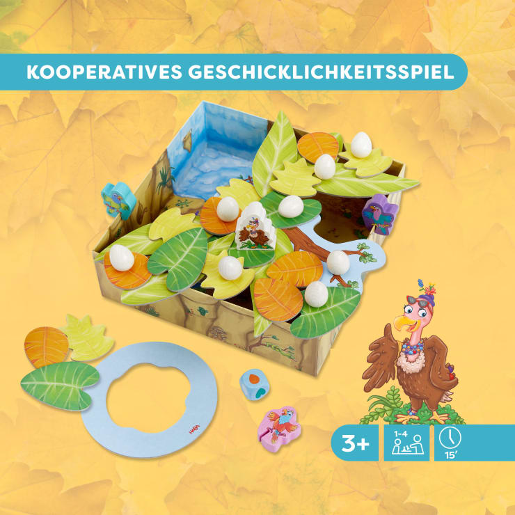 Gezeigt wird ein kooperatives Geschicklichkeitsspiel für Kinder mit Blättern aus Pappe, weißen Eiern, Tierfiguren und einer bunten Spielschachtel. Das Spiel ist für Kinder ab 3 Jahren, 1-4 Spieler, und hat eine Spieldauer von 15 Minuten, mit deutschem Text im Bild.