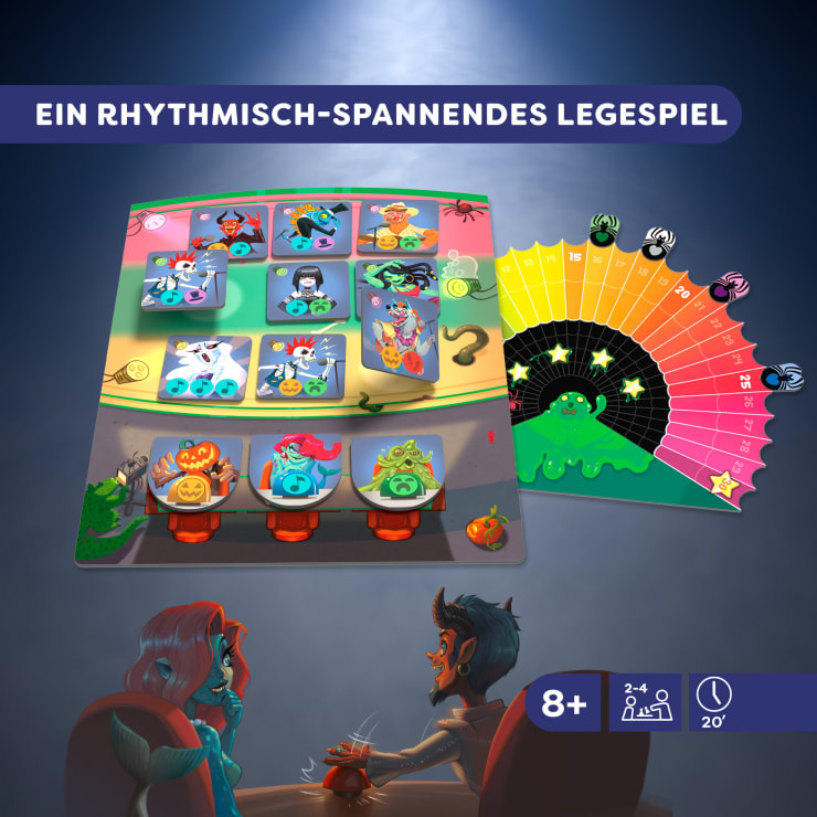 Ein farbenfrohes Brettspiel mit illustrierten Spielsteinen, einer halbrunden Wertungsleiste mit Monstersymbolen und zwei animierten Figuren, die an einem Tisch sitzen. Der Text auf Deutsch beschreibt das Spiel als rhythmisch spannend. Geeignet für Kinder ab 8 Jahren, 2-4 Spieler, 20 Minuten.