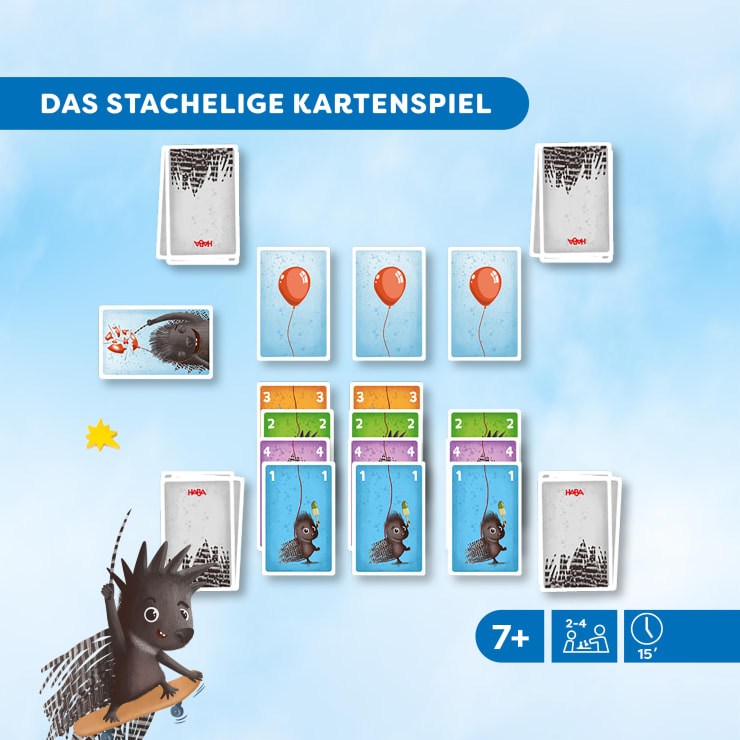 Auf blauem Hintergrund ist ein Kartenspiel abgebildet. Es gibt verdeckte und aufgedeckte Karten, einige mit Zahlen und Farben, andere mit Luftballons. Ein schwarzes Cartoon-Stachelschwein befindet sich unten links. Text und Symbole zeigen Details zum Spiel an.