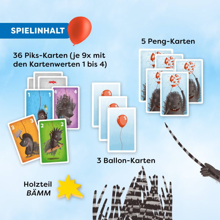 Es wird ein Spielset mit 36 nummerierten Stachelschweinkarten in vier Farben, 5 Pinguinkarten, 3 Luftballonkarten und einem gelben hölzernen "BÄMM"-Plättchen gezeigt. Ein Text in deutscher Sprache erklärt den Inhalt oberhalb der Karten.