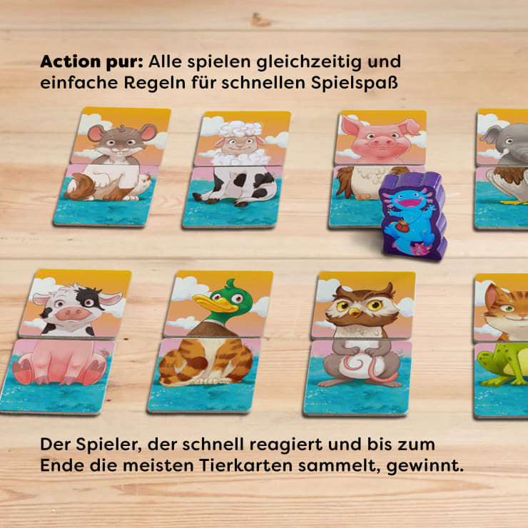Ein Tischspiel mit acht illustrierten Tierkarten, die in zwei Reihen angeordnet sind, einer blauen und lila Monsterfigur auf der rechten Seite und einer deutschen Spielanleitung, die über und unter den Karten aufgedruckt ist.