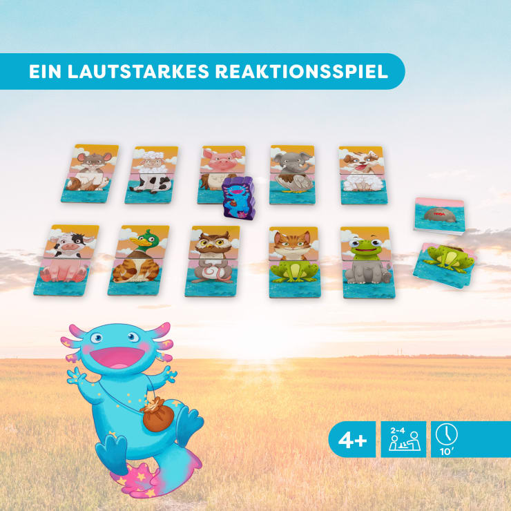 Ein Kartenspiel mit illustrierten Tierkarten, die in Reihen auf einem Feldhintergrund ausgelegt sind und einen rosa und blauen Cartoon-Axolotl zeigen, der eine Glocke hält. Der Text lautet: Ein lautstarkes Reaktionsspiel. Die Icons geben das Alter ab 4 Jahren, 2-4 Spieler und 10 Minuten an.