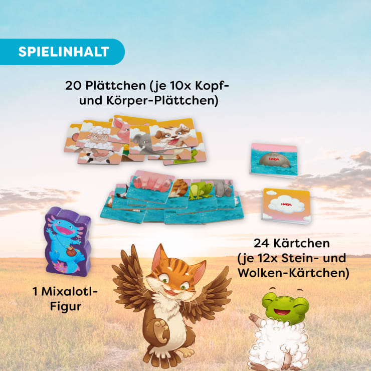 Spielkomponenten vor einem Feldhintergrund: 20 Plättchen (10 Köpfe und 10 Körper), 24 Karten (12 Steine und 12 Wolken), eine Axolotl-Figur, mit Cartoon-Tieren - einer Katze und einem Lamm - am unteren Rand.