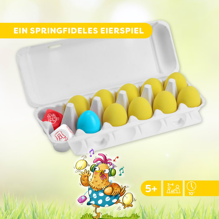 Ein weißer Eierkarton mit zehn gelben Eiern, einem blauen Ei und zwei weißen Würfeln mit roten Symbolen. Darunter ist ein Cartoon-Huhn mit Kopfhörern und einem gepunkteten Kleid abgebildet. Der Text lautet "Ein springfideles Eierspiel".