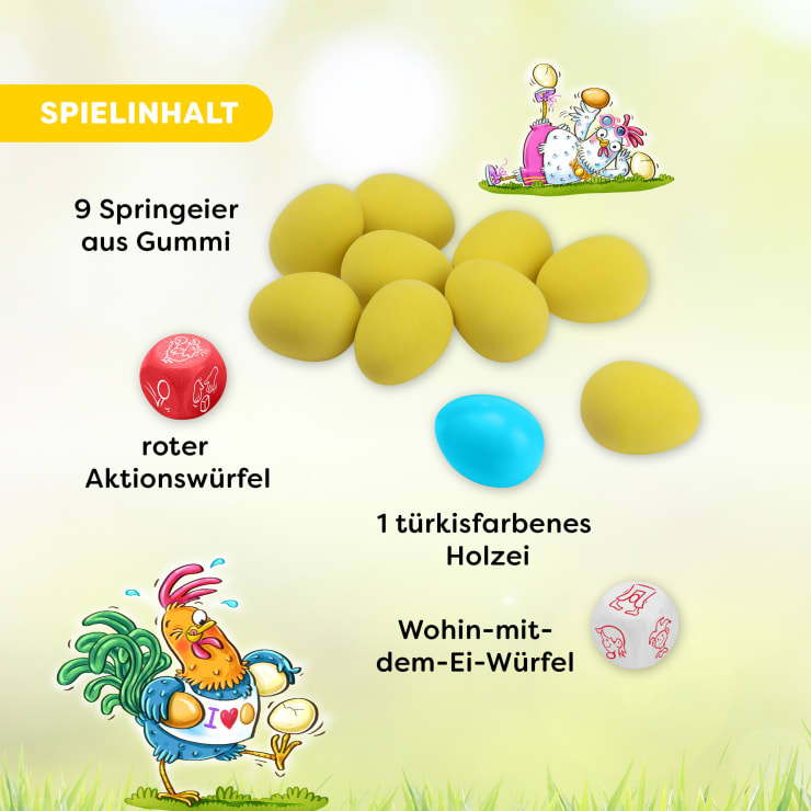 Das Bild zeigt neun gelbe Gummieier, einen roten Aktionswürfel, ein türkisfarbenes Holzei und einen weißen Wohin-Eier-Würfel, mit Cartoon-Hühnern, die Eier halten, und einem deutschen Text, der den Inhalt beschreibt.