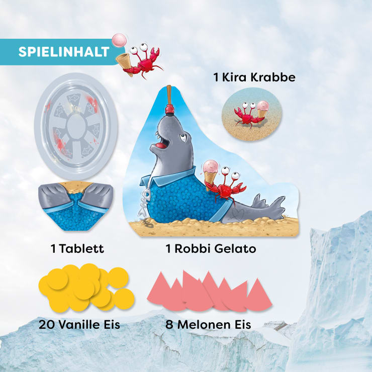 Der Inhalt eines Spiels wird ausgestellt, darunter ein Plastikteller, eine Robbenfigur mit der Aufschrift Robbi Gelato, eine Krabbenfigur mit der Aufschrift Kira Krabbe, ein rundes Plättchen, 20 gelbe Vanilleeisplättchen und 8 rosa Meloneneisplättchen.