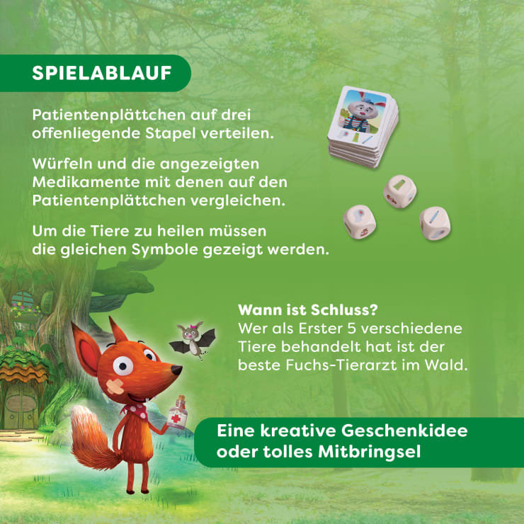 Eine illustrierte Spielanleitungskarte zeigt einen Fuchs und einen Stapel Tierkarten, drei Würfel mit Symbolen und einen Text in deutscher Sprache, der die Spielregeln erklärt. Im Hintergrund ist eine Waldszene abgebildet.