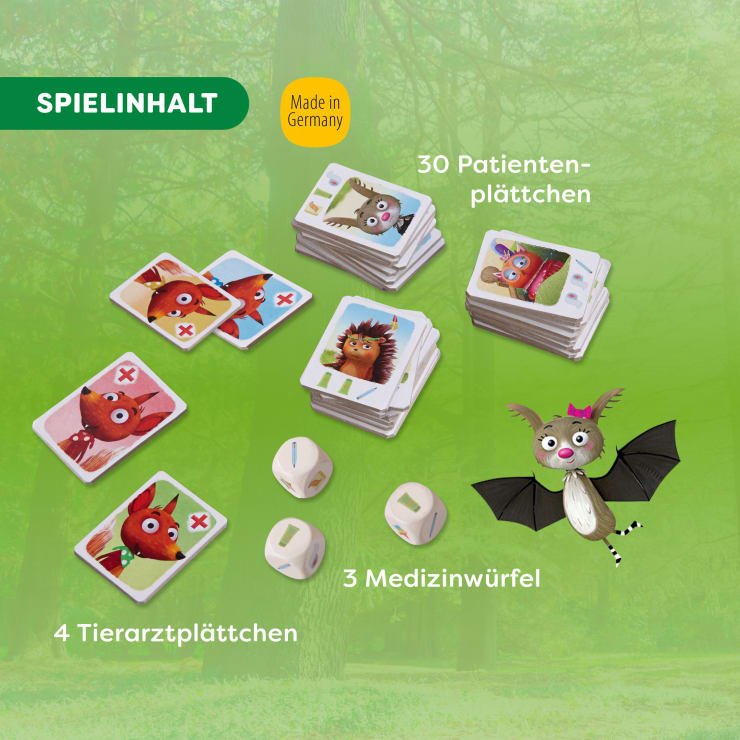Inhalt eines Brettspiels mit 30 Patientenplättchen, 4 Tierarztplättchen, 3 medizinischen Würfeln und Karten mit illustrierten Tiergesichtern, die vor einem grünen Waldhintergrund dargestellt sind. Der Text ist in deutscher Sprache.