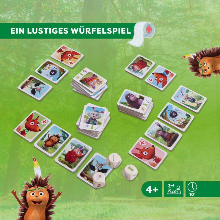 Eine Sammlung von Spielkarten mit Tiermotiven, die auf einem Tisch mit drei Würfeln und einigen Karten mit roten Kreuzsymbolen angeordnet sind, unter dem Titel "EIN LUSTIGES WÜRFELSPIEL". Altersempfehlung 4+, für 2-4 Spieler, 10 Minuten.