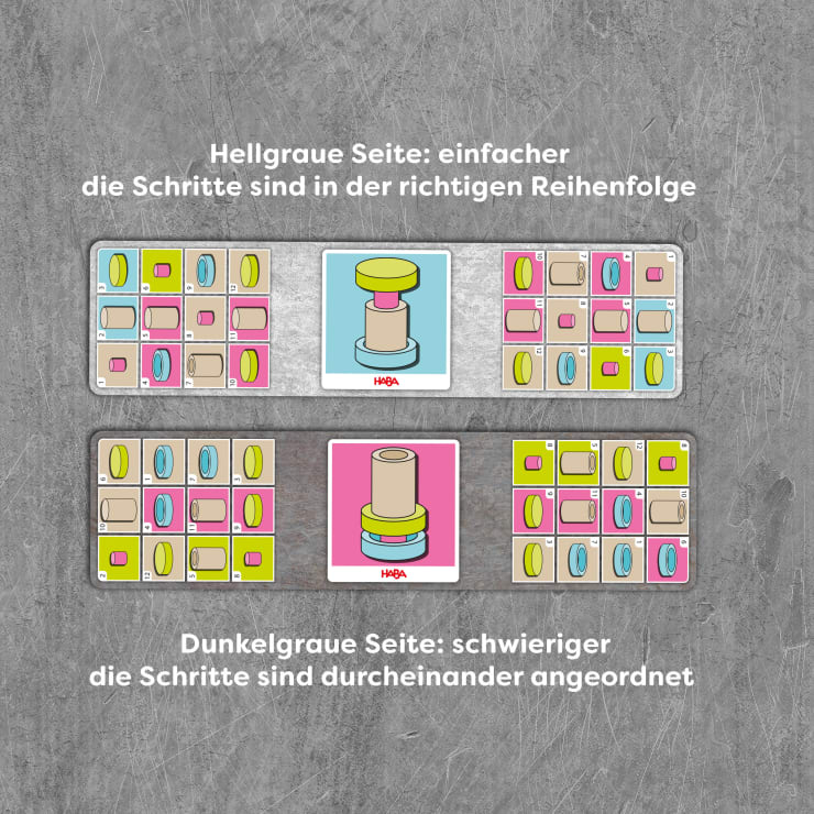 Zwei Sätze von Spielkarten sind auf grauem Hintergrund abgebildet. Der obere Satz hat hellgraue Seiten und geordnete farbige Formen; der untere Satz hat dunkelgraue Seiten und die Formen sind gemischt angeordnet. Oben und unten ist eine deutsche Anleitung angegeben.