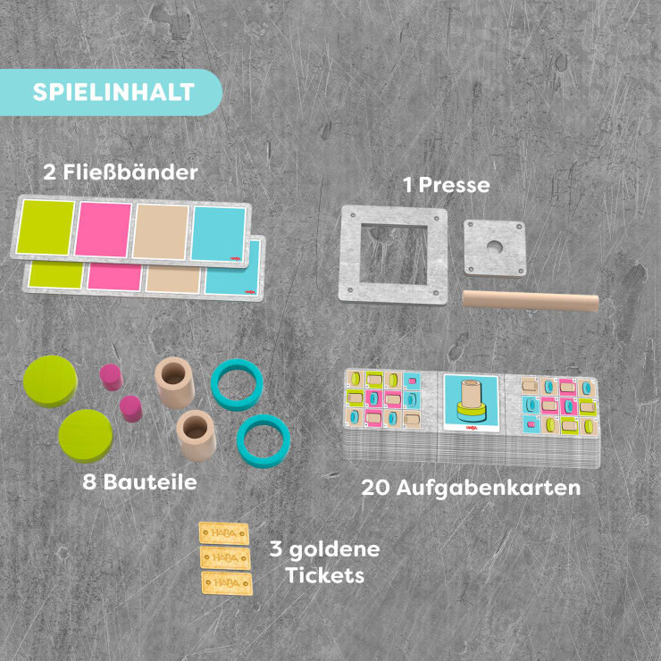 Die Spielkomponenten sind auf einer grauen Fläche ausgestellt und in deutscher Sprache beschriftet: 2 Förderbänder, 1 Presse, 8 Gebäudeteile, 20 Aufgabenkarten und 3 goldene Eintrittskarten, mit bunten und unterschiedlich geformten Teilen.