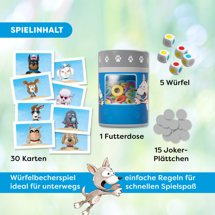 Die Abbildung zeigt ein Spielset mit 30 Karten mit illustrierten Hunden in Kostümen, einem Kanister mit der Aufschrift Futterdose, 5 Würfeln und 15 grauen Spielsteinen. Der deutsche Text hebt den Inhalt hervor und weist auf einfache Regeln und leichte Tragbarkeit hin.