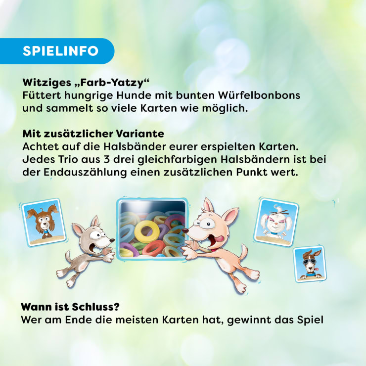 Eine deutsche Spielinformationskarte mit dem Titel SPIELINFO, Cartoon-Hunden, farbigen ringförmigen Plättchen und Text, der die Spielregeln und die Endbedingung auf einem blauen und grünen verschwommenen Hintergrund erklärt.