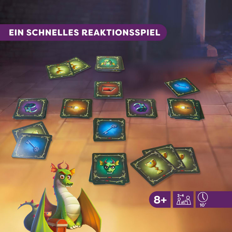 Ein Tischspiel-Display mit kreisförmig angeordneten illustrierten Karten mit Fantasiesymbolen. In der Ecke sitzt ein Cartoon-Drache. Der Text auf Deutsch lautet: Ein schnelles Reaktionsspiel. Alters-, Spieler- und Zeitsymbole werden angezeigt.