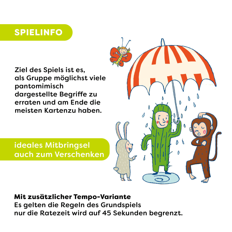 Ein Cartoon zeigt vier Kinder in Tierkostümen - Hase, Frosch, Affe und Schmetterling. Drei von ihnen stehen unter einem Regenschirm, während der Schmetterling über ihnen schwebt. Auf der linken Seite des Bildes ist eine deutsche Spielanleitung abgebildet.