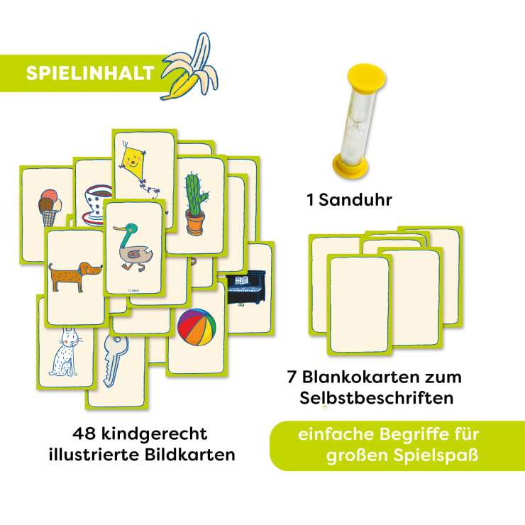 Eine Sammlung von 48 illustrierten Bildkarten, 7 Blankokarten und 1 Sanduhr sind auf einem weißen Hintergrund mit deutschem Text angeordnet, der den Spielinhalt beschreibt.