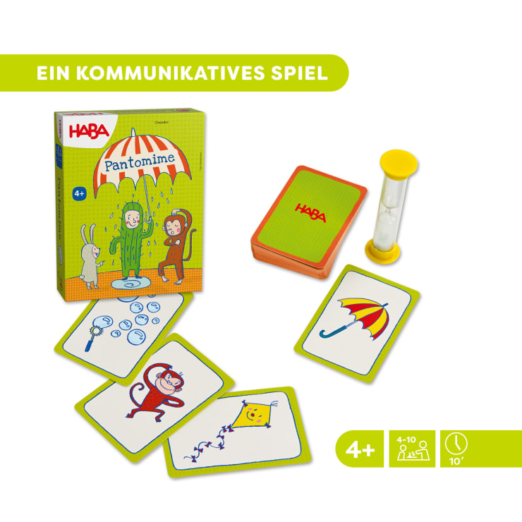 Eine Spielschachtel mit dem Titel Pantomime mit illustrierten Karten, die eine Maus, einen Affen, einen Regenschirm und einen Drachen zeigen. Enthält eine Sanduhr und ein Kartenspiel. Der Text auf Deutsch lautet: Ein kommunikatives Spiel. Geeignet für Kinder ab 4 Jahren.