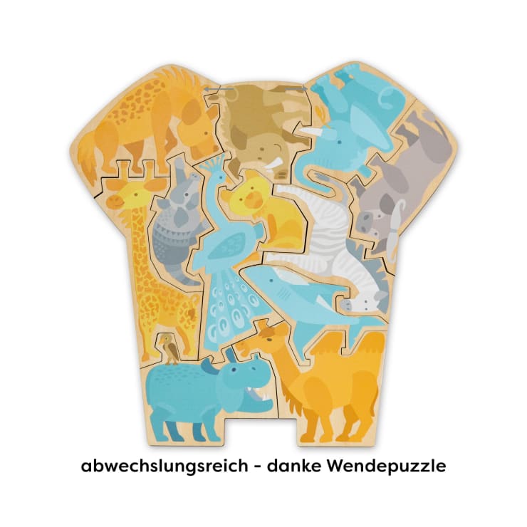 Ein hölzernes Tierpuzzle mit verschiedenen bunten Tieren wie Giraffe, Nashorn, Löwe, Flamingo, Pfau, Delfin und anderen. Der Text darunter lautet abwechslungsreich - danke Wendepuzzle.