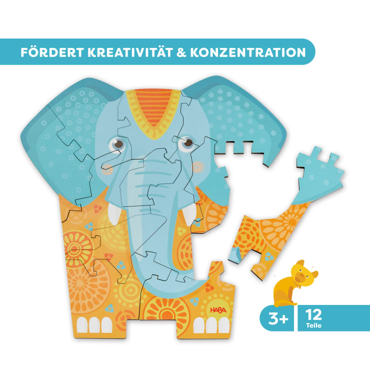 Ein illustriertes Elefantenpuzzle, bei dem mehrere Teile fehlen, darunter der Rüssel. Der Text oben lautet "Fördert Kreativität & Konzentration". Unten rechts steht Alter 3+, 12 Teile, und zeigt ein kleines Cartoon-Tier.