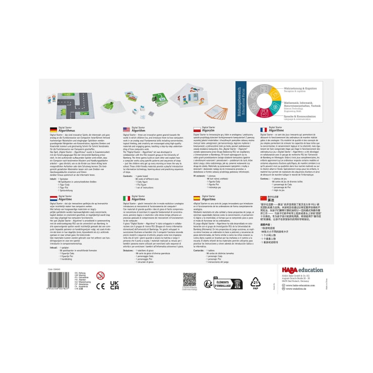 Rückseite einer HABA-Bildungsproduktverpackung mit Abbildungen der Spielkomponenten, einem Farbraddiagramm, Produktdetails, Sicherheitssymbolen, Barcodes, QR-Codes und Anleitungen in mehreren Sprachen, alles auf weißem Hintergrund.