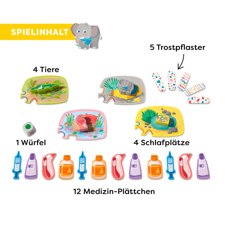Ein Diagramm zeigt 4 Tierpuzzleteile, 4 Schlafplatzpuzzleteile, 5 illustrierte Verbände, 1 Würfel mit Tiergesichtern und 12 Medizinplättchen in blauen, orangen und rosa Flaschen. Der Text ist auf Deutsch.